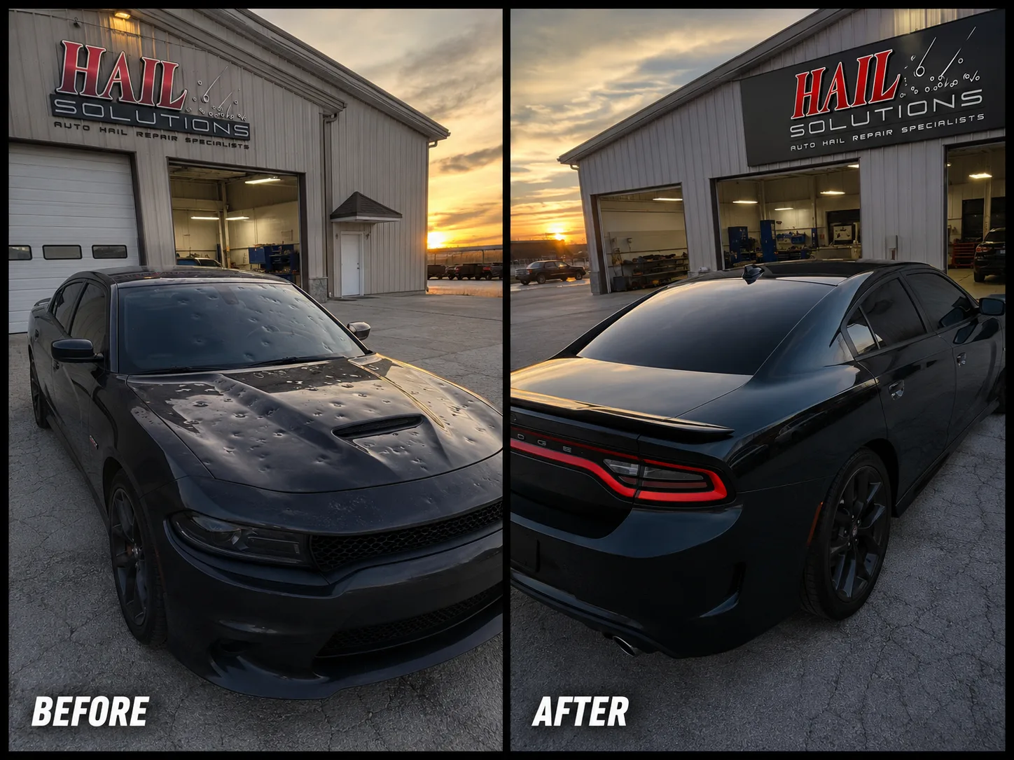 Black Dodge Charger pocked with hail dents, before and after paintless dent repair at our Olathe shop