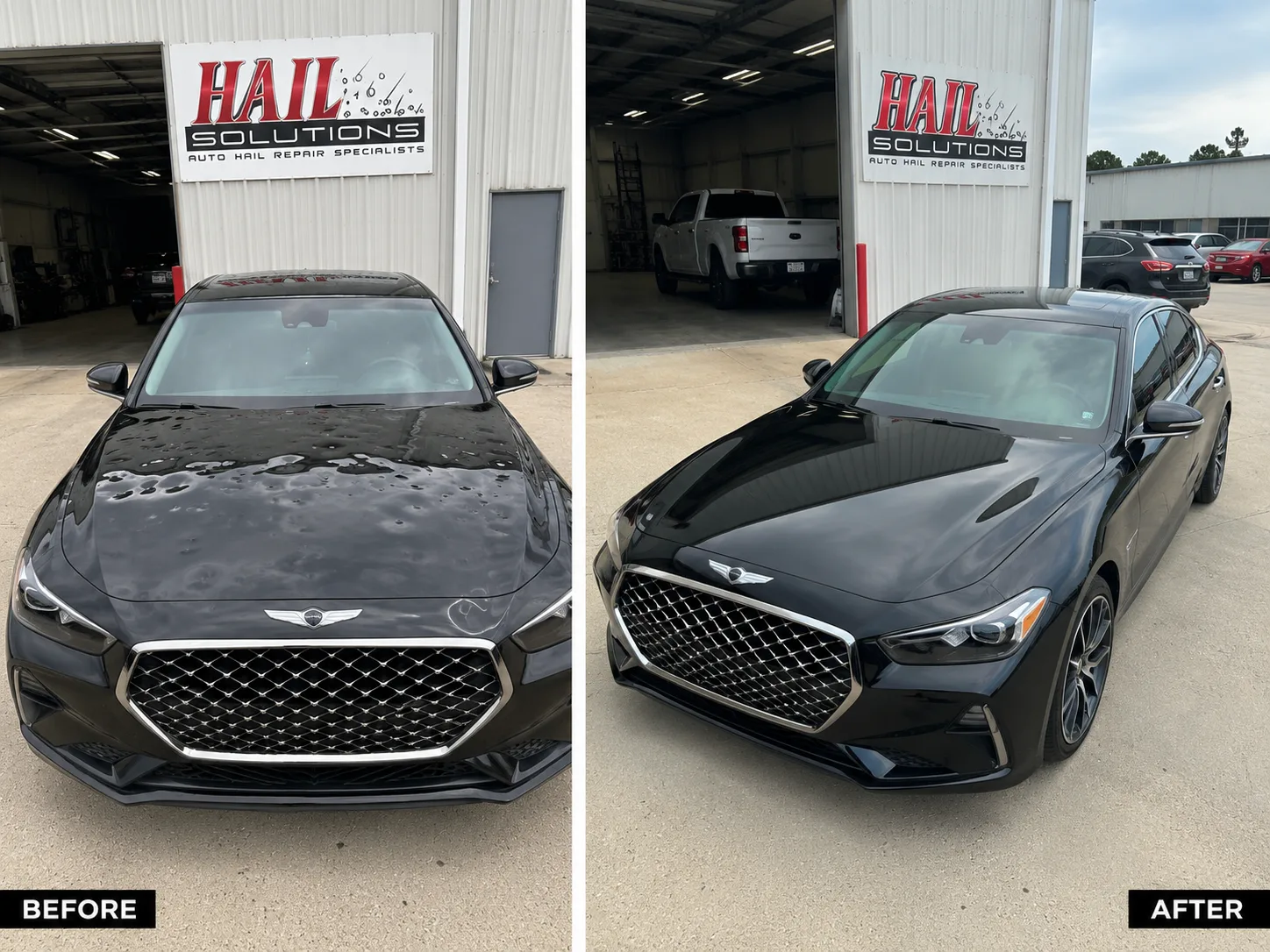 Black Genesis G70 with hail dents across the hood and roof, before and after paintless dent repair for a Lee's Summit, MO driver