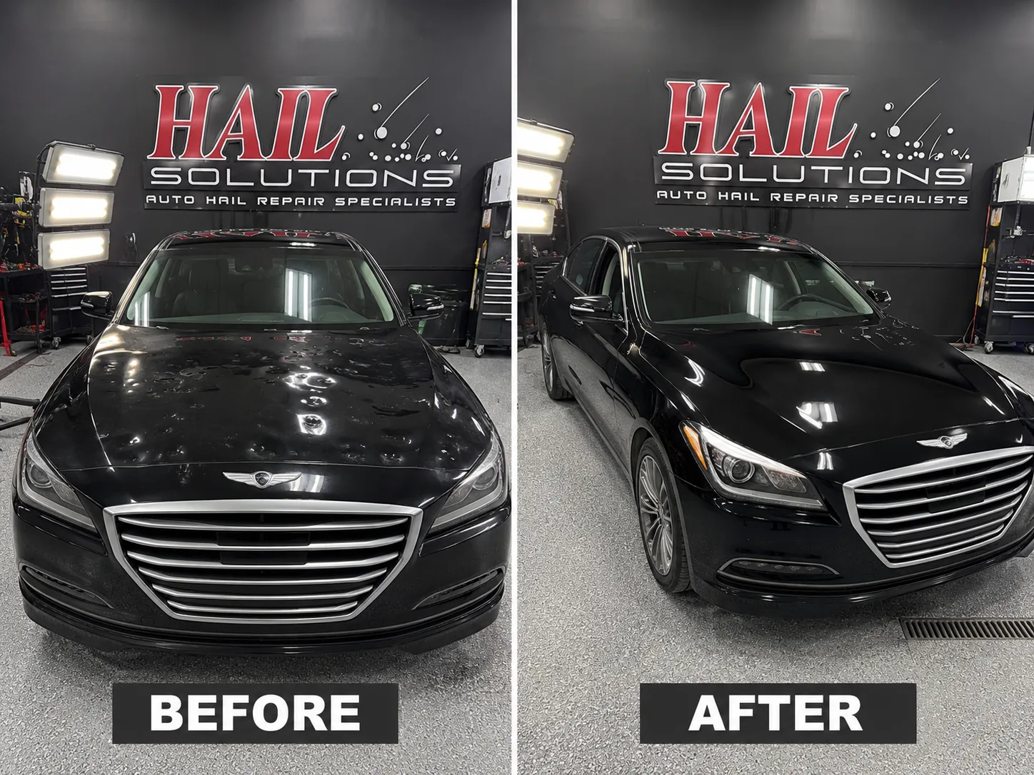 Black Genesis G80 with a hail-dimpled roof and trunk restored by paintless dent repair in Olathe, Kansas