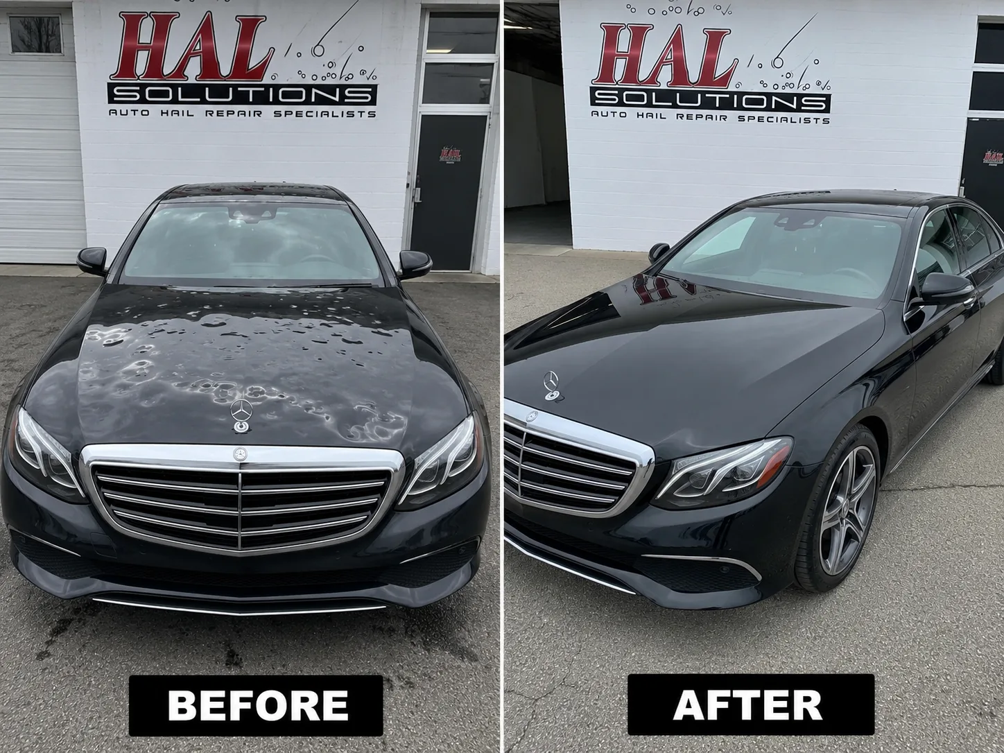 Black Mercedes E-Class with hail damage smoothed out by paintless dent repair, restored at our Olathe shop