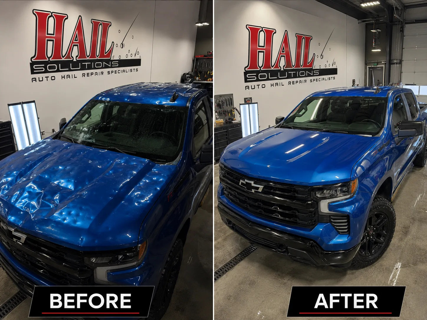 Blue Chevrolet Silverado with hail dents across the hood and roof, before and after paintless dent repair for a Bonner Springs, KS driver