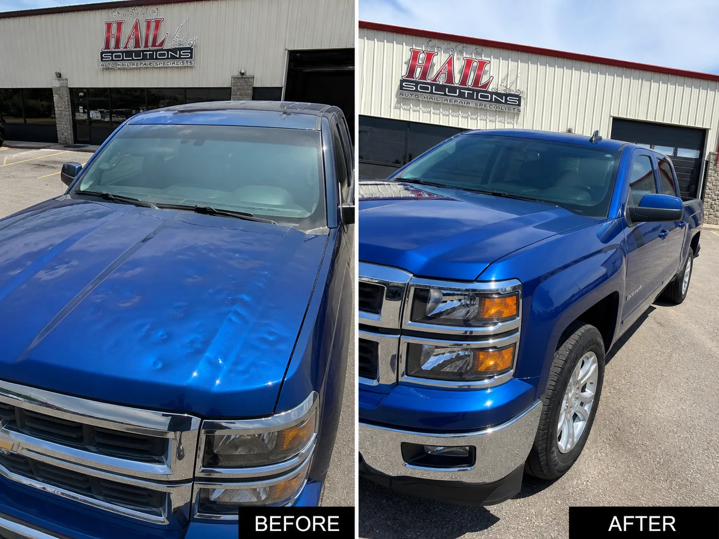 Blue Chevrolet Silverado with hail dents across the hood and roof, before and after paintless dent repair for a Gardner, KS driver