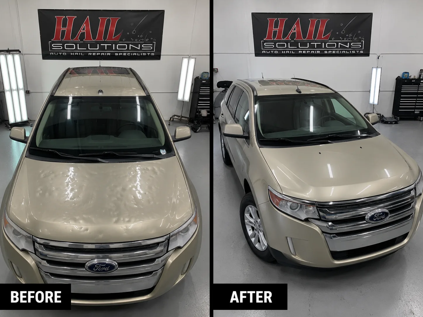 Gold Ford Edge SUV with hail damage smoothed out by paintless dent repair in Olathe, Kansas