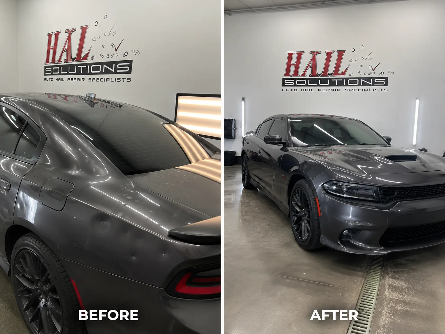 Gray Dodge Charger hood pocked with hail dents, before and after paintless dent repair restored at our Olathe shop
