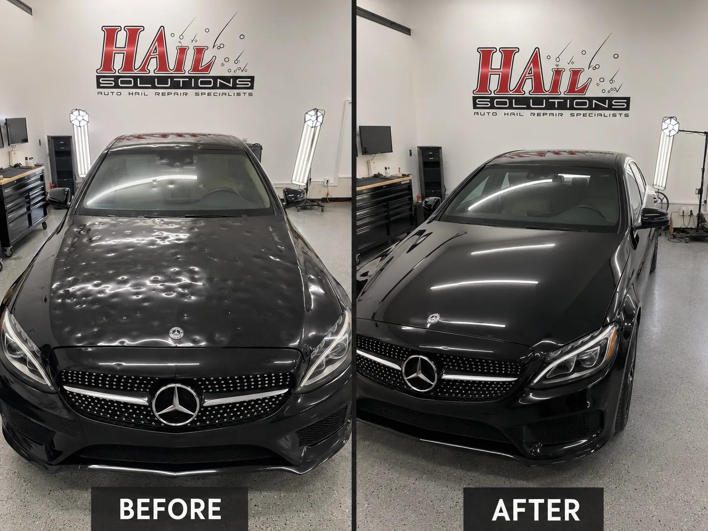 Black Mercedes C-Class with hail dents on the hood and roof, before and after paintless dent repair for an Overland Park, KS driver