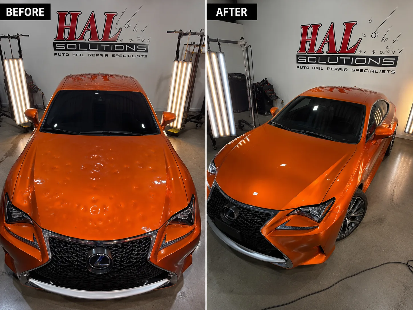 Orange Lexus RC with severe hail dents repaired panel-by-panel at the Olathe shop
