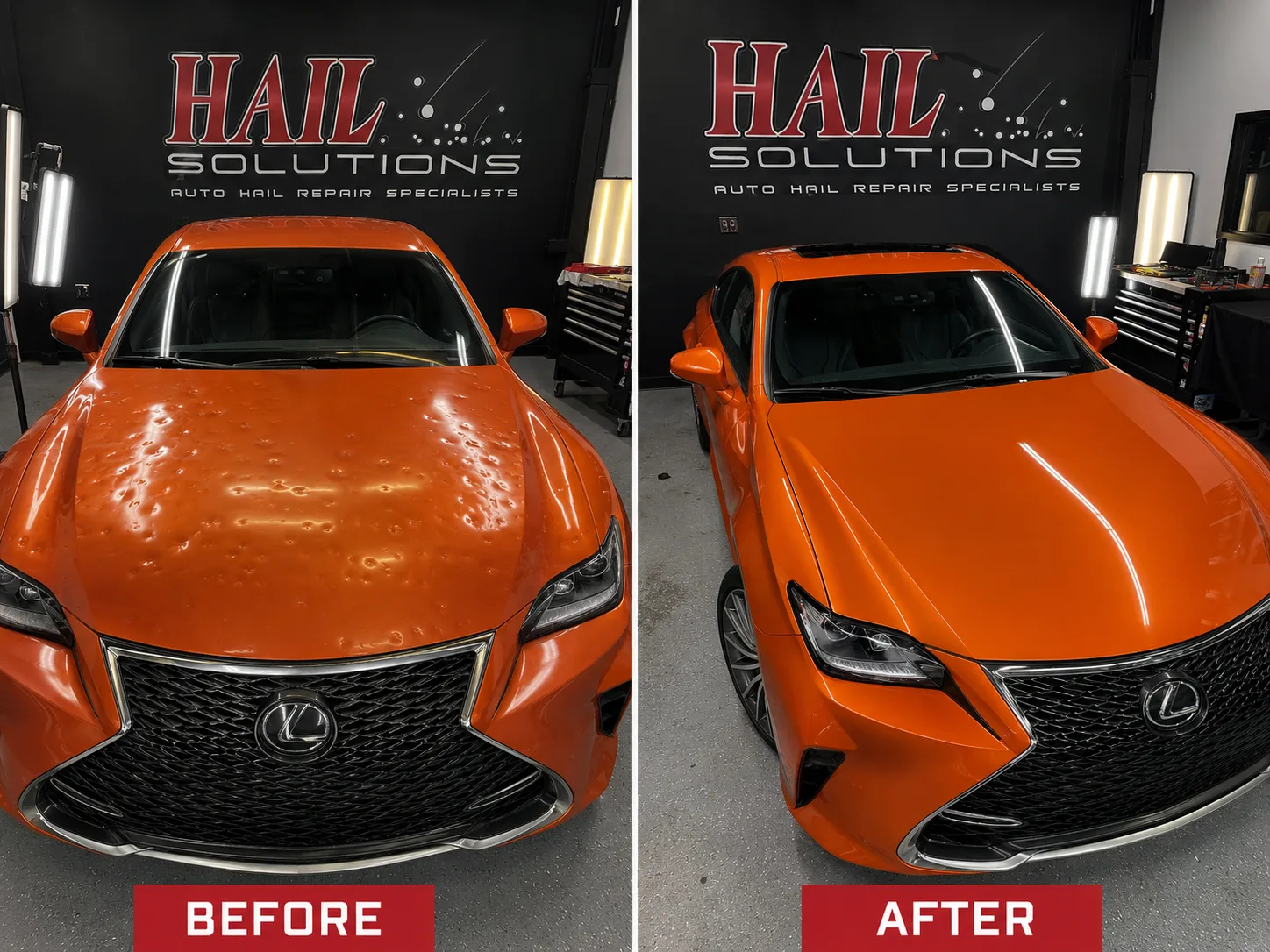 Orange Lexus RC F with a hail-pocked hood, restored at our Olathe shop with paintless dent repair