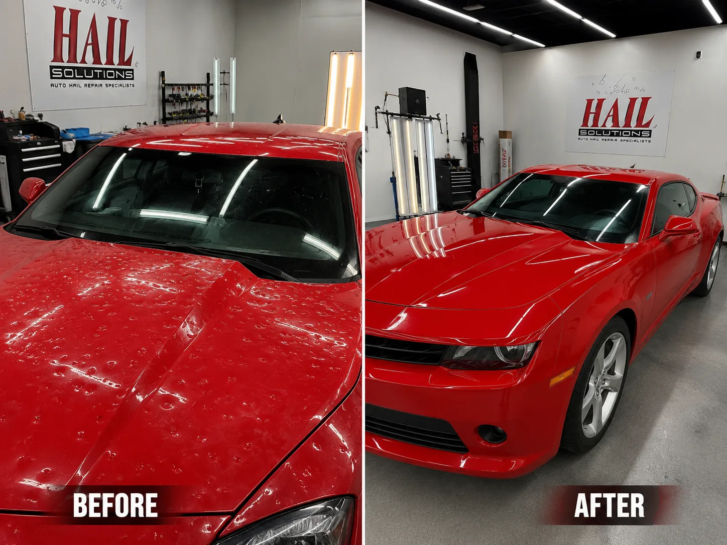 Before and after of hail damage repair on a red Chevrolet Camaro in Olathe, KS