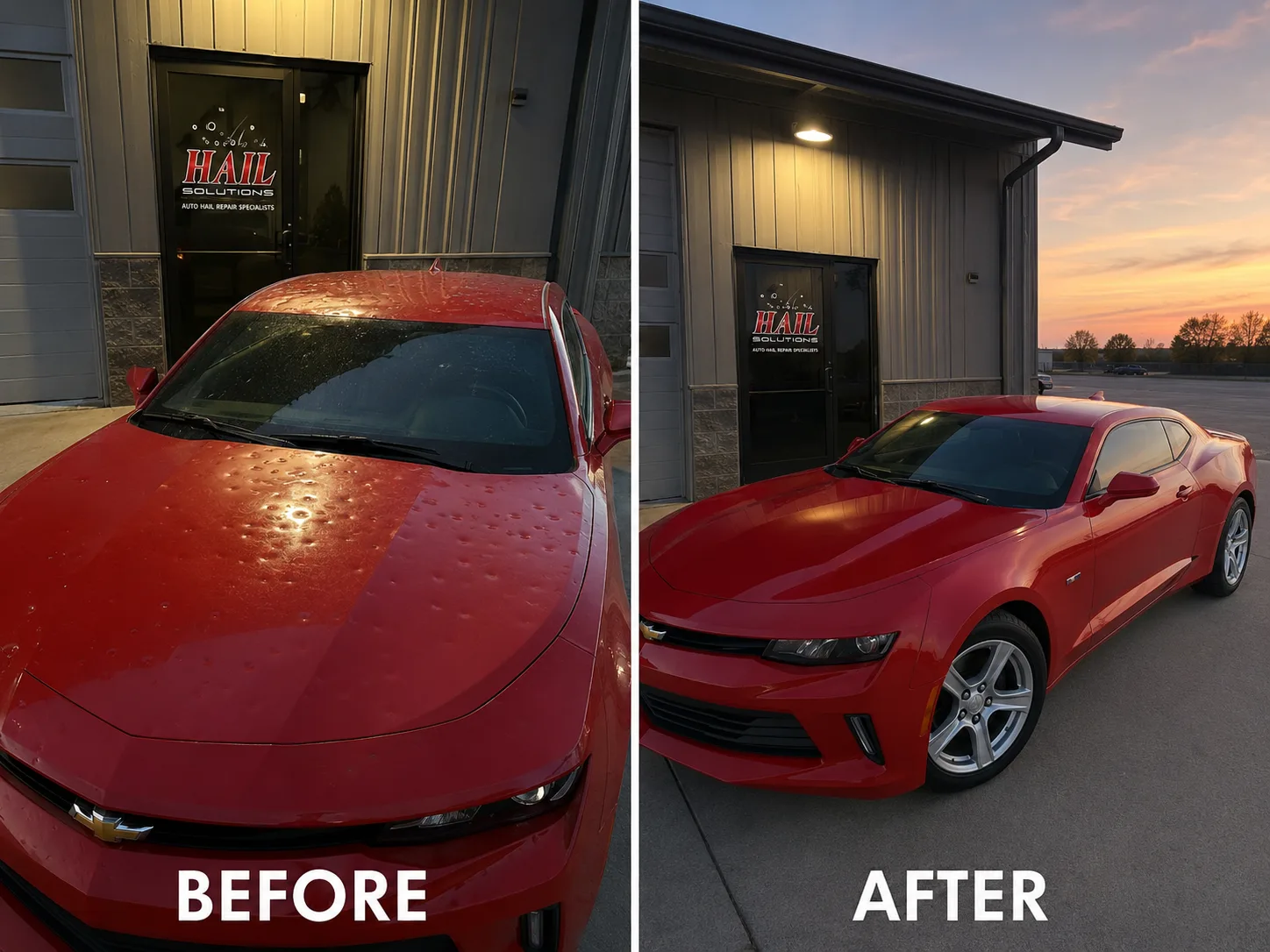 Red Chevrolet Camaro with hail dents across the hood, before and after paintless dent repair for a Liberty, MO driver