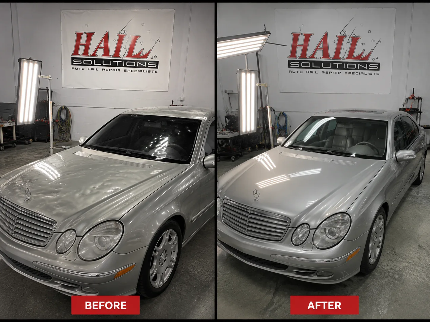 Silver Mercedes E-Class with a hail-dimpled roof, before and after paintless dent repair for a Paola, KS driver
