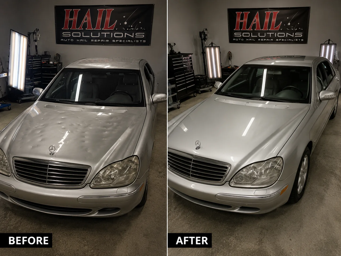 Silver Mercedes S-Class with a hail-pocked roof brought back to factory finish, restored at our Olathe shop