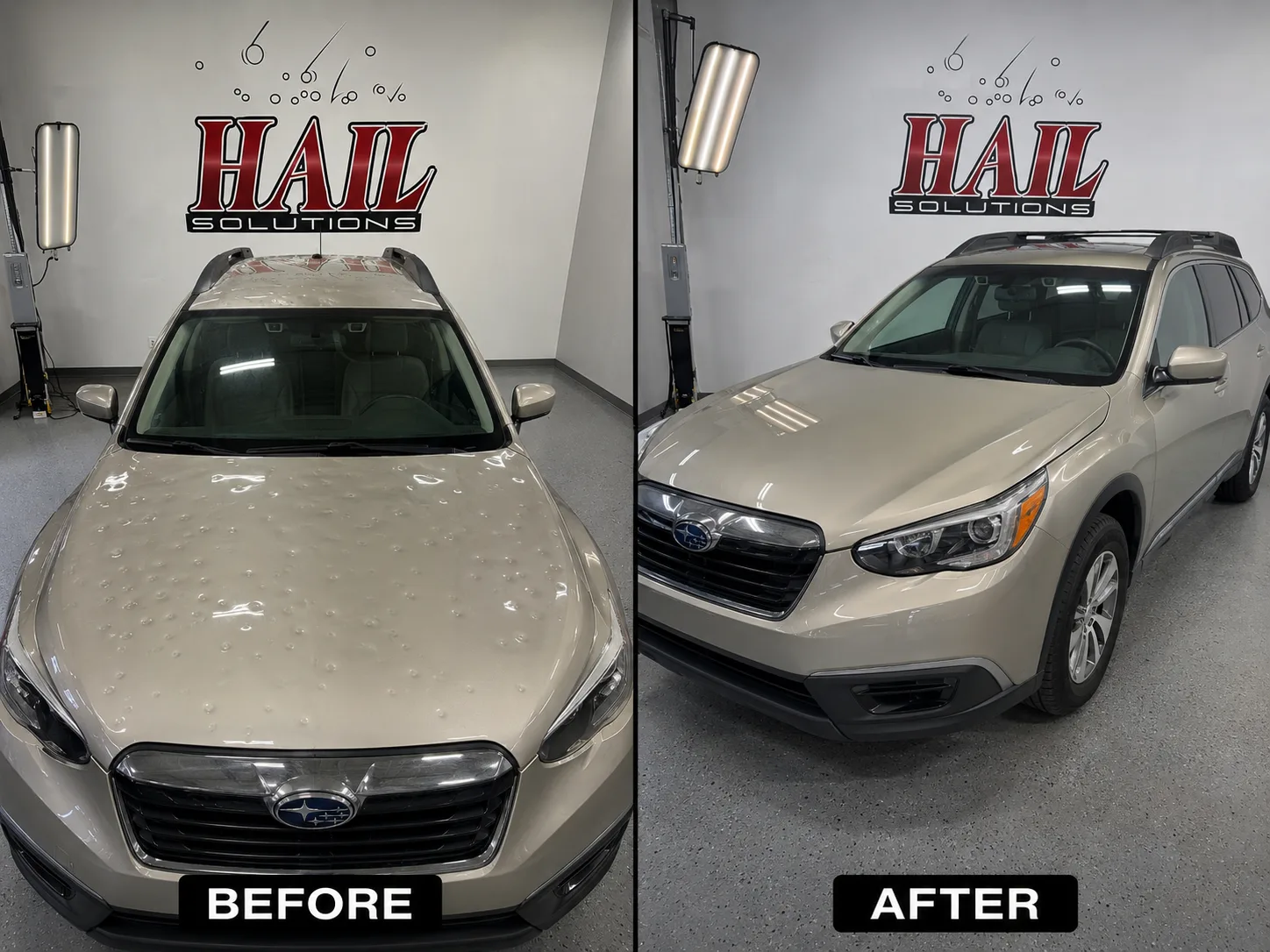 Tan Subaru Outback pocked with hail dents, smoothed out at our Olathe shop with paintless dent repair
