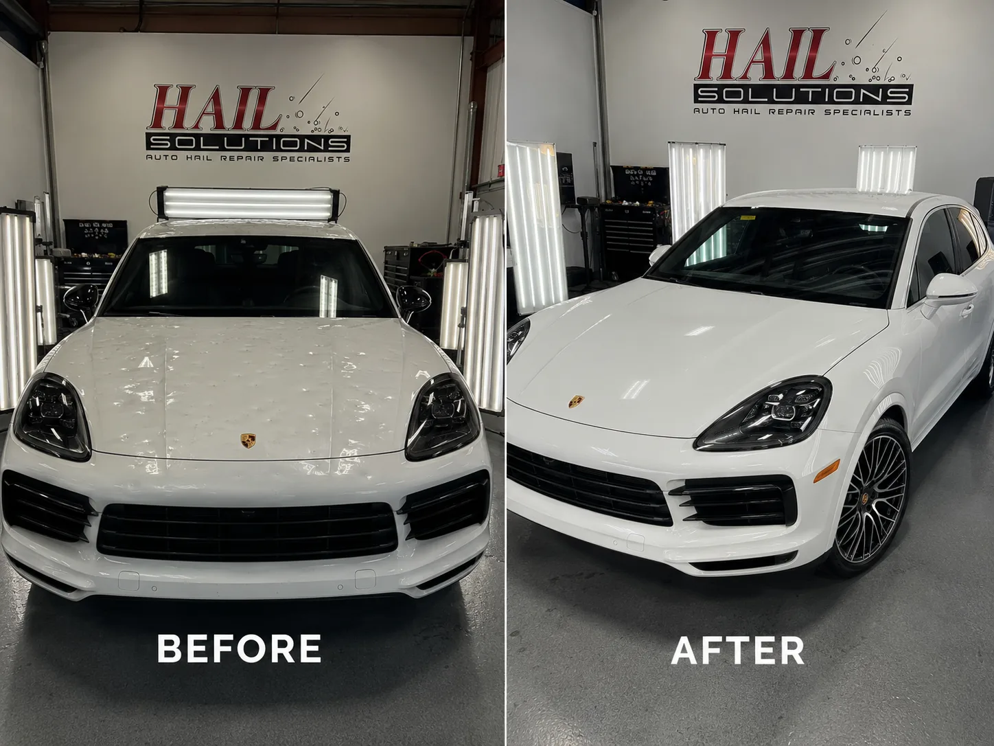 White Porsche Cayenne with hail damage smoothed out by paintless dent repair, restored at our Olathe shop