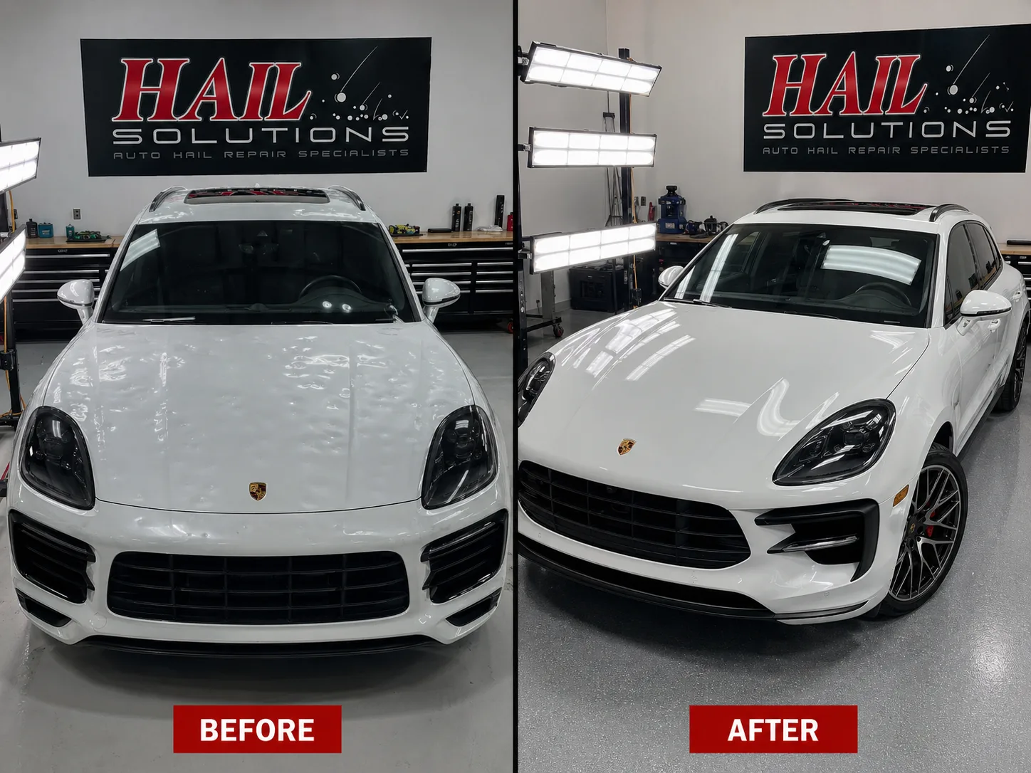White Porsche Macan with hail damage smoothed out by paintless dent repair, restored at our Olathe shop